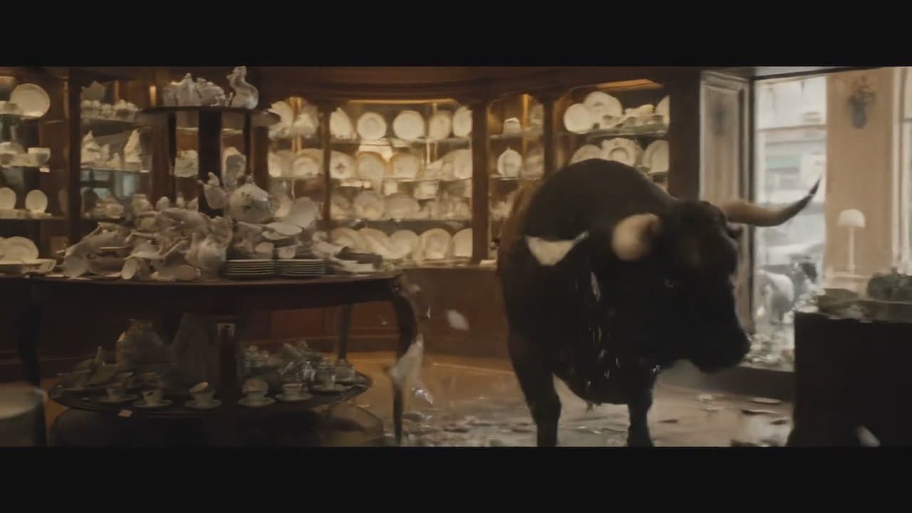 A bull rampaging in a shop selling fine china
